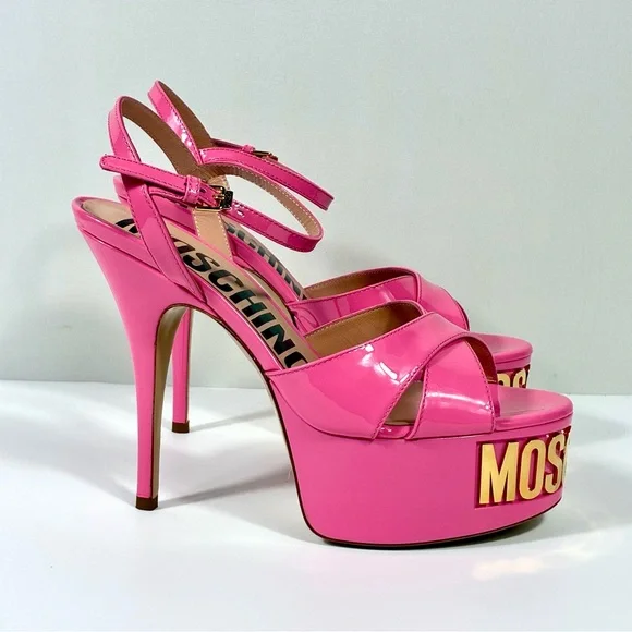 Moschino Logo Leather Platform Stiletto Sandals Heels Pink Gold NEW